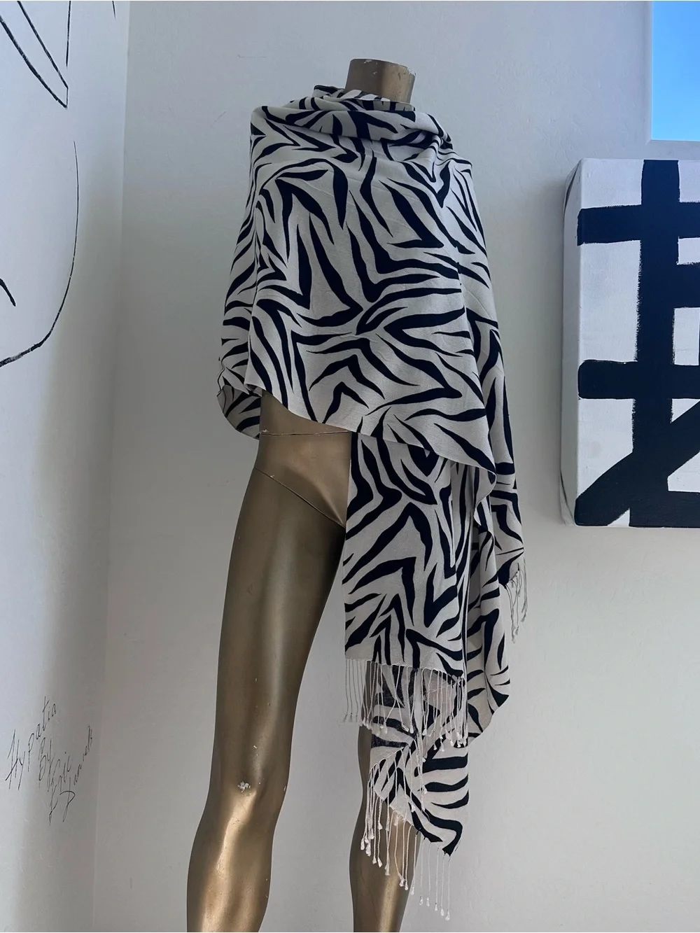 Tolani silk/pashmina Abstract Zebra Print Scarf Wrap Shawl Black Ivory Fringe